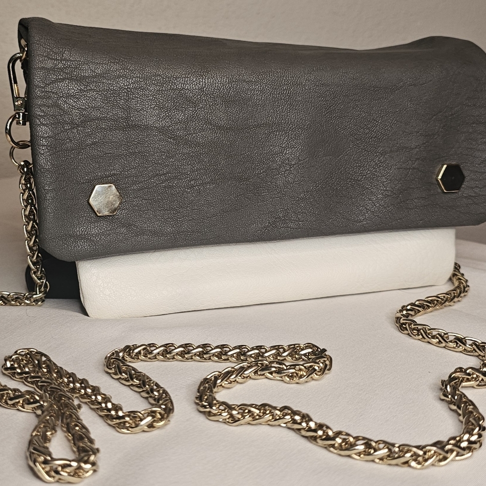 [CESCA] Gray, Wht & Blk Vegan Leather Crossbody Bag/Clutch Removable Gold Chain - Picture 6 of 15